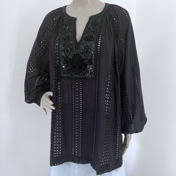 Chico's Black 3/4 Bell Sleeve Blouse with Embroidered Design - Picture 7 of 8